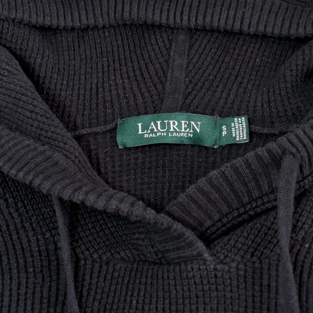 Ralph Lauren Black Waffle-Knit Hooded Long Sleeve Women’s Pullover Shirt Sz S - Picture 5 of 9